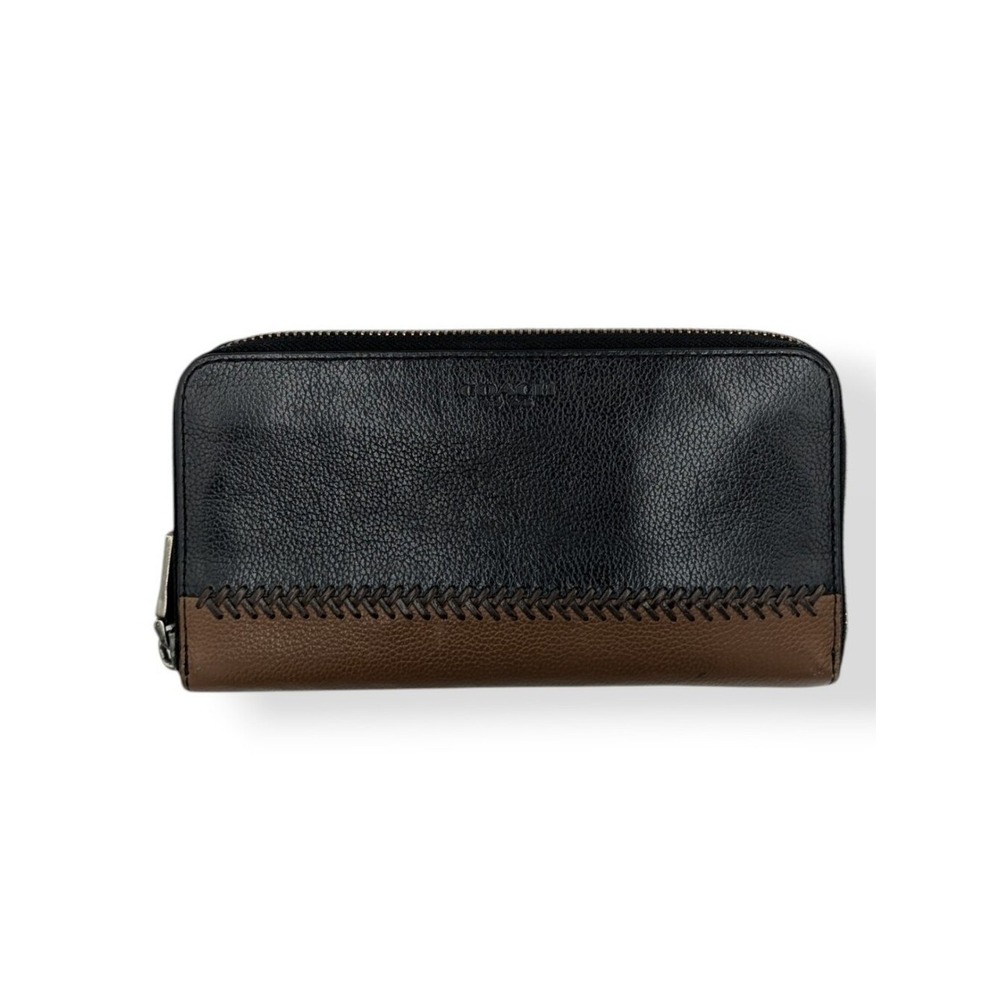 Coach Accordion Wallet Black Brown Pebble Leather Whipstitch Zip Around F58105